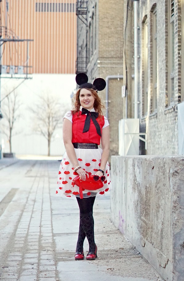 Winnipeg Fashion Stylist Consultant Blog, Choies red lip patch organza dress, Choies Mickey Minnie mouse wool beret ears hat, Aldo red lip patent clutch bag purse, Forever 21 black bow neck tie collar, Pretty Polly argyle socks sparkle illusion tights BCBG stretch crystal belt, The Shopping Channel Isaac Mizrahi Bow watch, John Fluevog red Vanny Hi Choice heart heel pumps shoes